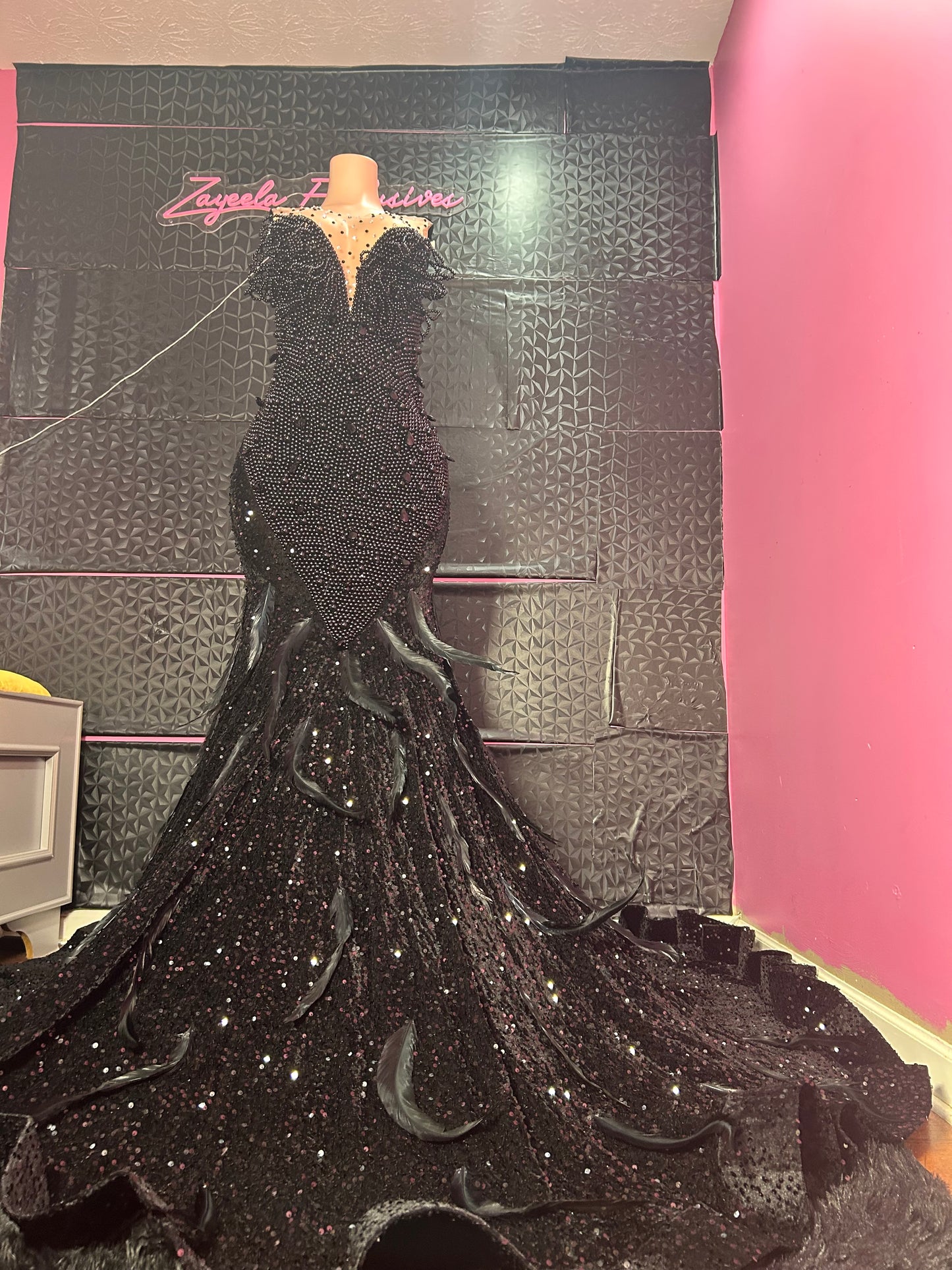 Black feather prom dress