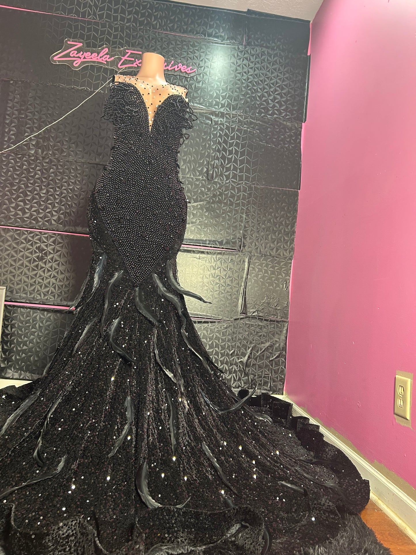 Black feather prom dress