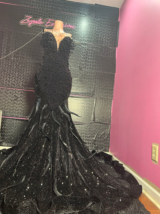 Black feather prom dress
