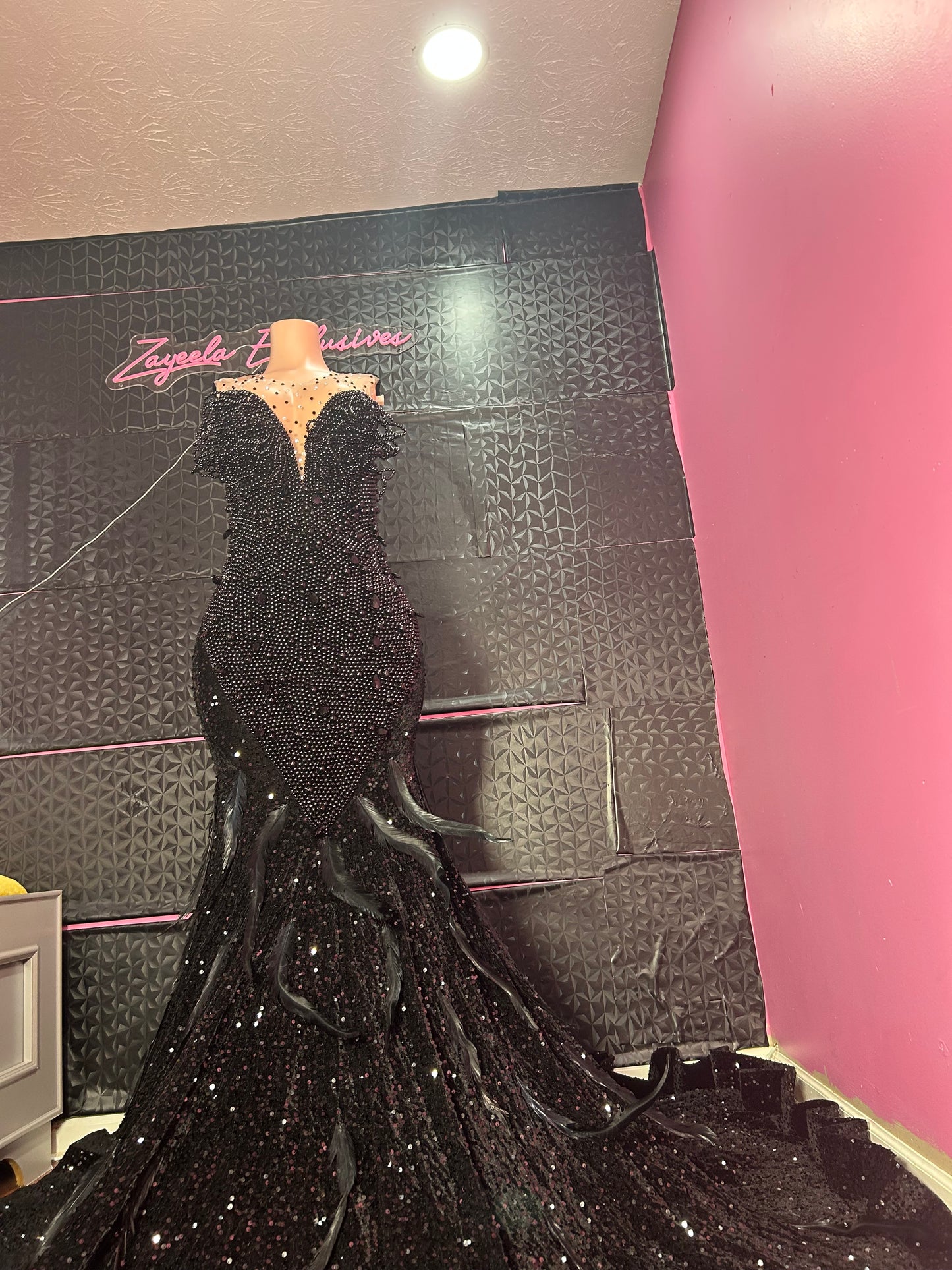 Black feather prom dress